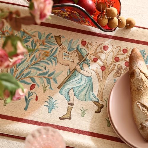 patdrea Designer Idyll Linen Table Runner, Vintage Beige Farmhouse with Ancient Spring Figure and Animal Pattern Table Mat, Decoration for Kitchen Dining Banquet Christmas ,12"*87"