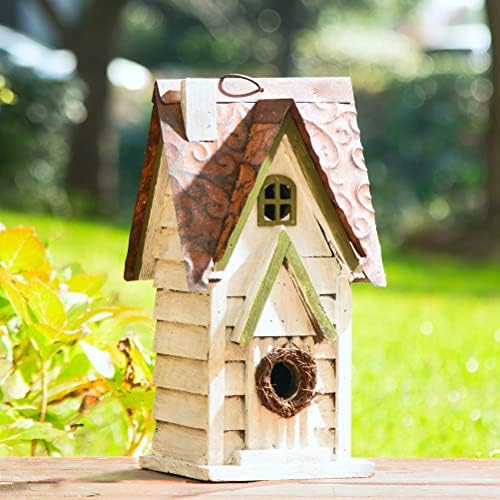 Glitzhome Bird Houses for Outside, 12" H Washed White Distressed Solid Wood Cottage Bird Nesting Box Hanging Bird House for Outdoors, Decorative Birdhouse for Bluebird Wren Sparrow Finch Cardinal