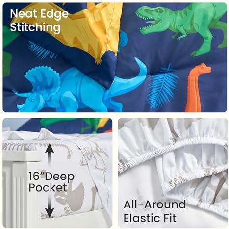 Joiedomi Kids Comforter Set Bedding Set for Boys Girls Super Soft Microfiber Bed in a Bag with Comforter Sheets Pillowcase Sham, Dark Blue Dinosaur, Twin