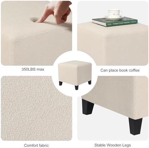 Joveco 16.3" Square Cube Ottoman, Modern Linen Fabric Foot Stool with Solid Wood Legs, Cream White Padded Footrest & Vanity Seat for Living Room, Bedroom, Entryway Shoe Bench