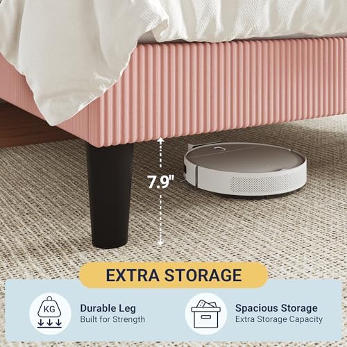 Allewie King Bed Frame, Corduroy Tufted Headboard, Light Pink