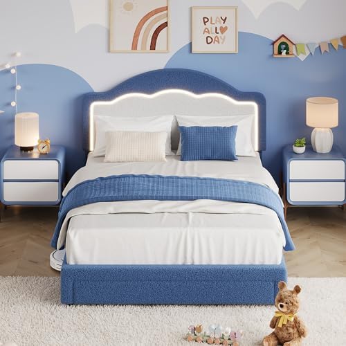 IDEALHOUSE Twin Bed Frame with LED Headboard and Under-Bed Drawer, Boucle Fabric Upholstered Platform Bed with LED Light for Kids, Girls, Wooden Slats Support, No Box Spring Needed, Pink