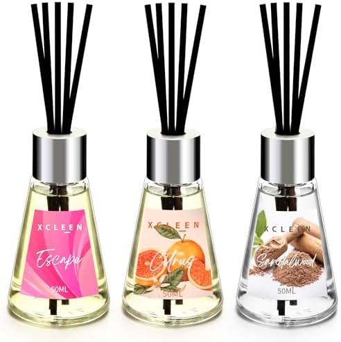 Xcleen Reed Diffuser of 3 Pack, Escape/Citrus/Sandalwood, Scented Diffuser with 15 Fiber Sticks, Home Fragrance Oil Diffuser, Air Freshener for Bathroom & Bedroom, Each 1.7Fl Oz, Total 5.1Oz