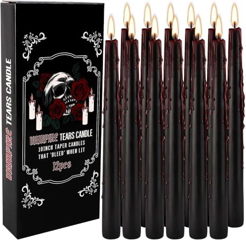 12PCS 10-Inch Black Bleeding Taper Candles,Vampire Tears Taper Candles- Unscented Ideal for Halloween, Christmas, Rituals, and Themed Party Decor