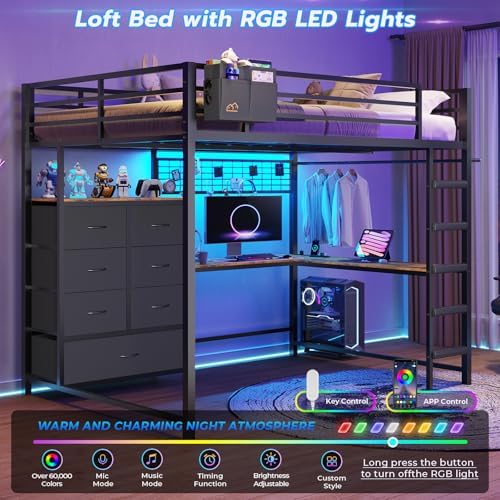 DICTAC Full Loft Bed with L-Shaped Desk and 7 Storage Drawers,Metal Full Size Loft Bed for Teen with LED Lights and Charging Station,13.11" H Safety Guardrail and Ladder,No Box Spring Needed, Black