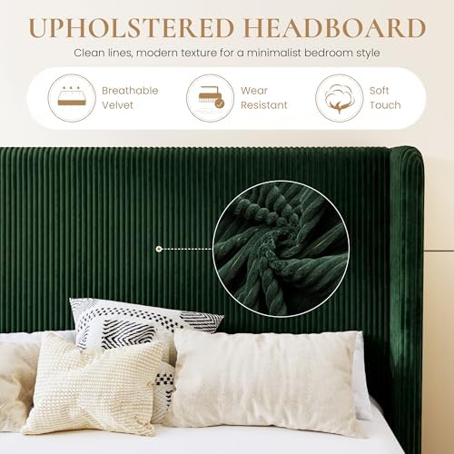SHA CERLIN King Corduroy Platform Bed with Tufted Wingback Headboard, Green