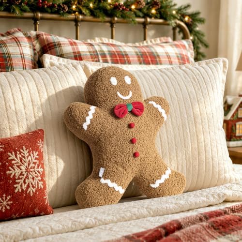 AELS Gingerbread Man Pillow with Bow, 17.7" Christmas Throw Pillow