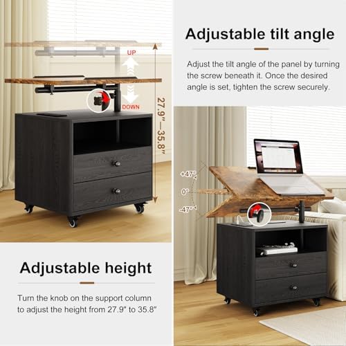 Bedroom Nightstand with Drawers & Charging Station, Adjustable Height Bedside Table with Wheels, Wooden Small Sofa Side Tables with Storage for Living Room, Black Brown