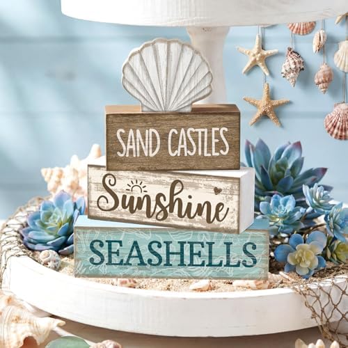 Yuntau 4 Pcs Summer Decorations for Home Beach Block Sign Seashell Display