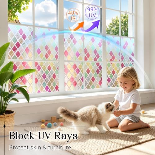 Haton Stained Glass Window Privacy Film, Colorful Diamond Lattice