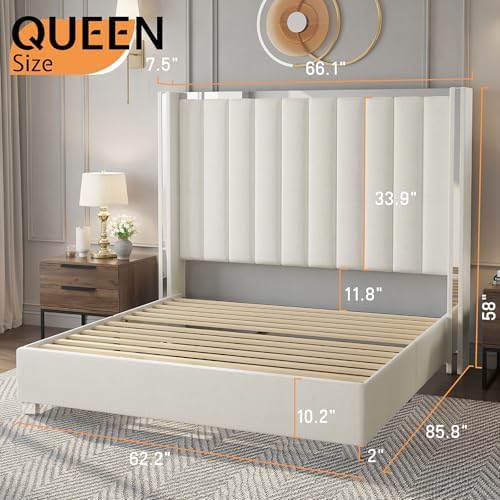 Jocisland Queen Upholstered Bed Frame with 58" Tall Headboard, Cream