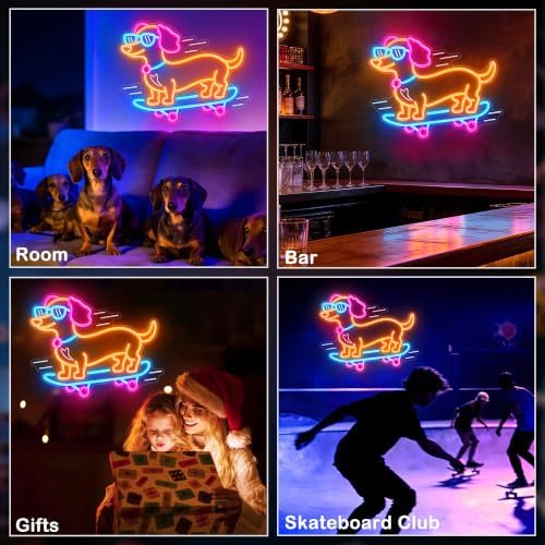 Dachshund Skateboarding Neon Sign for Wall Decor, Dimmable Dog Neon Light for Bedroom Living Room, Bar, Shop, Animal LED Sign for Birthday Party Dog Lover Gift