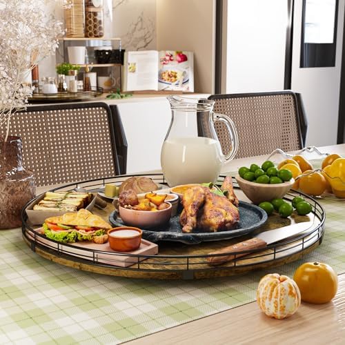 Lazy Susan Turntable Organizer for Table Top, 21’’ Round Wooden Lazy Susan for Cabinet Kitchen Countertop Pantry Dining Coffee Table for Condiments Spices, Rustic Bathroom Vanity Tray for Soap Candle