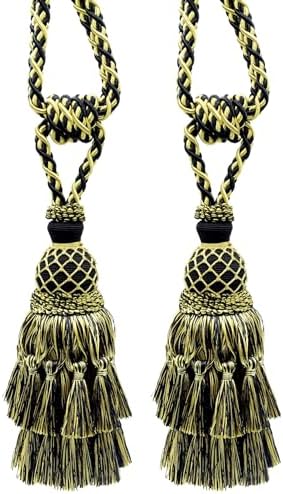 DÉCOPRO Lavish Large Curtain & Drapery Hand Crafted Tassel Tiebacks Tassel Length 9" (22.5cm) 34" Spread (86cm) (Style# TBIL1) Golden Medley Black #K9C4 (Pure Black Yellow Gold Light Gold) Set of 2