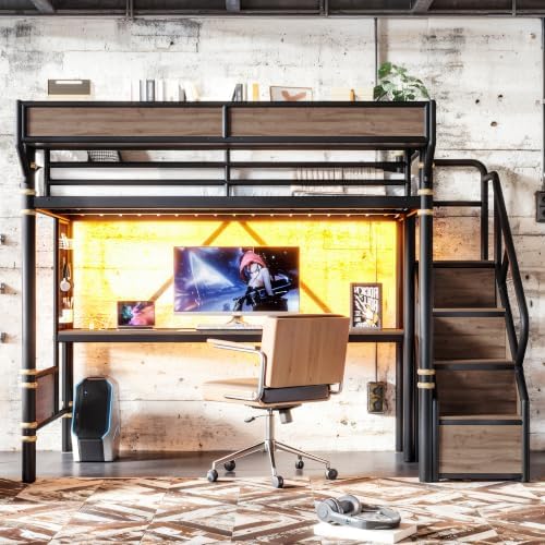 Bellemave Twin XL Metal Loft Bed with Stairs and Desk for Kids,Adult,Black