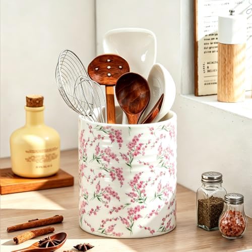 Kitchen Utensil Holder,7.2-inch Extra Large Sturdy Ceramic Cherry Floral Pattern Utensil Crock,Cooking Utensil Organizer for Kitchen Counter Decor,Storage Caddy Farmhouse Gift Pink Blossom