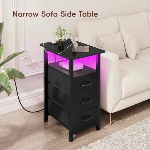 Vagusicc Set of 2 Black Nightstand with Charging Station and LED Lights, Narrow End Table, LED Night Stand with 3 Fabric Drawers for Bedroom, Small Bedside Table, Narrow Side Table for Small Spaces