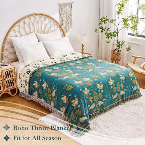 XIBLC Boho Throw Blanket, 100% Cotton Ultra Soft Luxury Throw Rustic Quilt, 80"x90" Floral Printed Farmhouse Decor Bed Summer Blankets, All Season Rustic Reversible Bohemian Throw for Bed - Blue