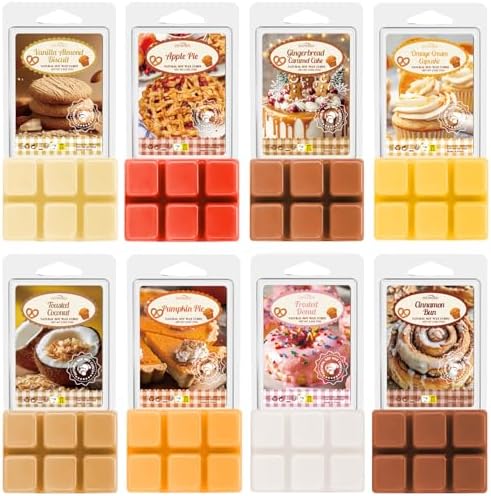 Bakery Scented Wax Melts, 8 Pack Fall Soy Wax Cubes Autumn Strong Scent Tarts for Warmer - Pumpkin Pie, Vanilla Almond Biscuit, Toasted Coconut, Frosted Donut,Gingerbread Caramel,Cream Cupcake