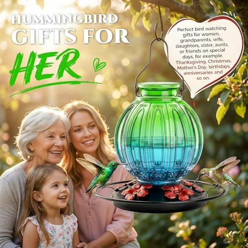 2 Pack Glass Hummingbird Feeder for Outdoors Hanging, Bird Nectar Feeder with Perch & 5 Flower Feeding Ports, 26 Oz Leak Proof for Outside Garden Decor Backyard, Gifts for Women Mom, Red + Green Blue