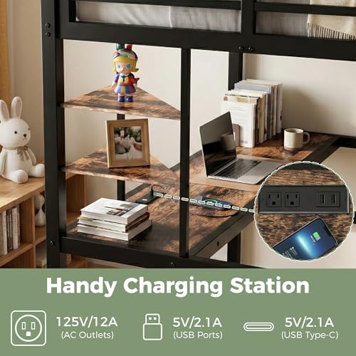 Twin XL Loft Bed with Desk, USB Charging Station, LED Light and 2 Storage Shelves, Metal Heavy Duty Loft Bed Twin Size for Adults, Teens, No Box Spring Needed (Black, Twin XL)
