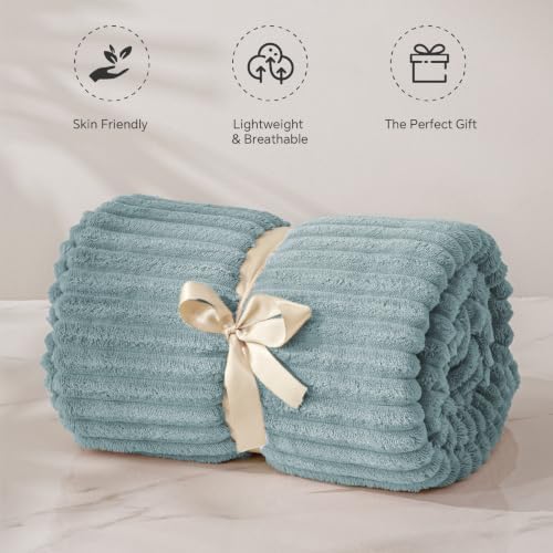BEDELITE 3D Ribbed Grey Blue Fleece Throw Blanket for Couch, 50x60 Inch