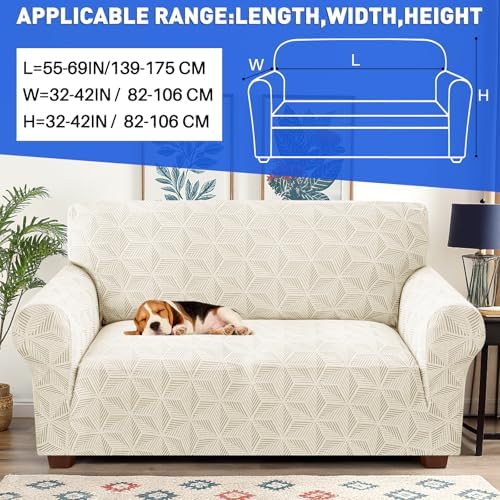 YEMYHOM 1 Piece Stretch Couch Covers for 2 Cushion Couch, Jacquard Loveseat Cover with Non-Slip Elastic Bottom, Thickened Slipcover Furniture Protector for Dogs Pets (Medium, Beige）
