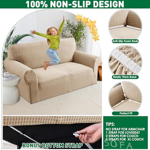 MAXIJIN Stretch Sofa Chair Slipcovers with Arms (31"-46 Washable Chair Cover Armchair with Non-Slip Foam & Elastic Bottom, Dog Cat Pet Friendly Furniture Protector (Small, Khaki)