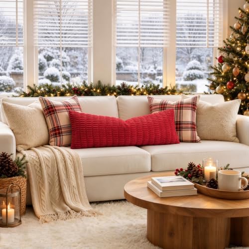 MIULEE Christmas Lumbar Corduroy Throw Pillow Cover for Bed 14x36 Red