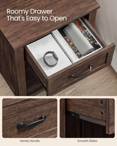 VASAGLE Farmhouse Nightstand with Charging Station, 1 Drawer