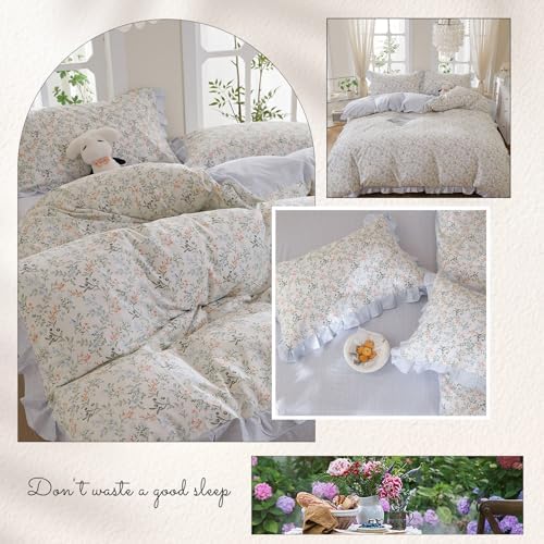 HighBuy 100% Cotton Duvet Cover Full Ruffle Blue Floral Bedding French Style Reversible Striped Print,Vintage Duvet Cover Set Shabby Chic Bedding Comforter Cover Set,Soft and Breathable