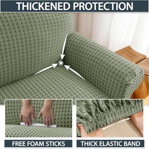 ZNSAYOTX 1 Piece Stretch Couch Cover (72"-90") New-Houndstooth Texture, Thick Sofa Covers for 3 Cushion Couch Universal Sofa Slip Cover with Elastic Bottom & Buckle, Washable Protector Army Green