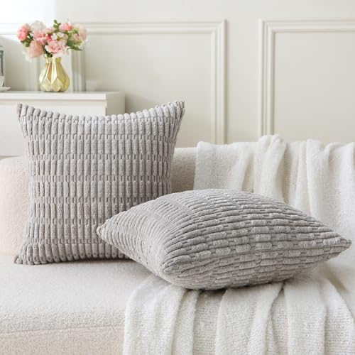 2 Pack Corduroy Decorative Throw Pillow with Inserts, 18x18 Inch Soft Boho Throw Pillow, Square Striped Throw Pillows for Couch, Bed, Sofa Decor (Light Gray)