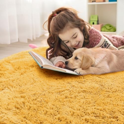 OLANLY Mustard Yellow Round Rugs for Bedroom - Machine Washable, 9 ft Circle Area Rugs for Living Room, Soft and Fluffy Shaggy Carpet for Teen Girl and Boys, Nursery Rooms, Dorms, Home Decor Aesthetic