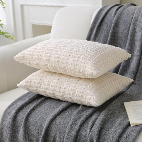 2 Pack Corduroy Decorative Throw Pillow with Inserts, 18x18 Inch Soft Boho Throw Pillow, Square Striped Throw Pillows for Couch, Bed, Sofa Decor (Beige, 12" x 20" (with Inserts))