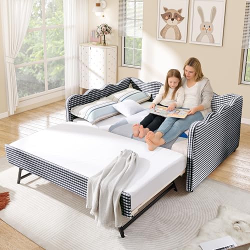 Full Size Daybed with Pop Up Trundle, Linen Gingham Full to King Daybed with USB Ports, Upholstered Day Bed Frame, Modern Sofa Bed for Bedroom/Living Room/Guest Room, No Box Spring Needed, Navy