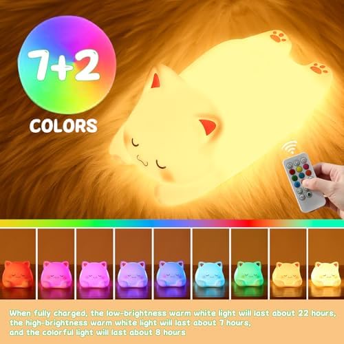 LOVERUIS Cute Night Light for Kids Cat Night-Light Remote Control Baby Girl Squishy NightLight 1/3 Hour Timer Kitty Light Dimmable Nursery Lamp Colorful Nightlight Gift for Kid Kawaii Bedroom (CAT)