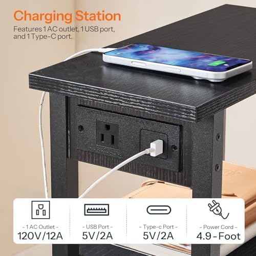 HOOBRO Narrow Side Table, 3-Tier Slim End Table with Charging Station, Skinny Nightstand with Open Storage, for Small Spaces, Living Room, Bedroom, Study, Rustic Brown and Black BB340UBZ01