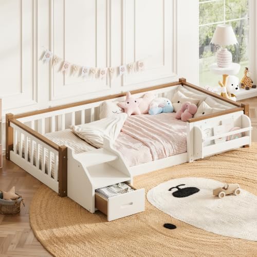 Twin Over Twin House Bunk Bed Frame with Bookshelf and Drawer, Beige