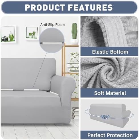 JIVINER Super Stretch Chair Slipcovers with Arms 1-Piece Jacquard Small Checks Living Room Armchair Covers Soft Anti Slip Sofa Couch Furniture Protector for Kids Pets (Chair, Light Gray and White)