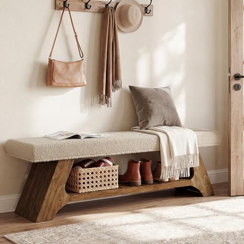 Tribesigns 55" Solid Wood Bench with Cushion, Upholstered Entryway Bench