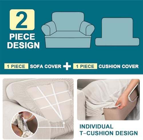 Turquoize T Cushion Chair Slipcover Armchair Slipcover for Living Room Stretch Sofa Couch Cover Soft Armchair Cover Furniture Covers with Individual T Cushion Seat Covers (Chair, Ivory)