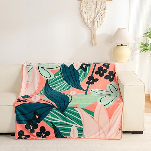 Tyrot Boho Floral Flannel Fleece Queen Blanket – Soft, Warm & Lightweight Fuzzy Blanket for Couch, Bed, or Sofa Decor, Cute Botanical Design Throw for Women & Girls, 90''x90', Coral
