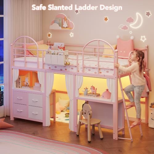 Twin Low Loft Bed with Desk & 4 Storage Drawers, Smart LED Lights, Pink