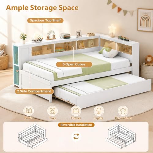 KOMFOTT Twin Size Daybed with Trundle, Trundle Bed with L-Shaped Bookcase