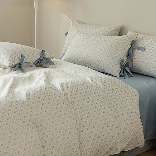 Blue Flower Duvet Cover Queen with Plaid Grid Prints,100% Cotton Bedding Set,Aesthetic Comforter Cover for Girls Women 90x90 Inch