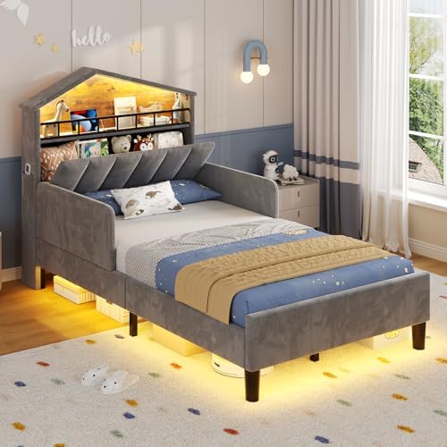 ADORNEVE Twin Size Bed Frame with LED Lights,Velvet Bed for Boys,Grey