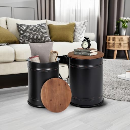 RUSTOWN Farmhouse Accent Side Table, Set of 2 Galvanized Storage Ottoman