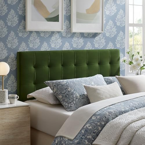 Modway Lily Performance Velvet Queen Size Headboard with Biscuit Tufting in Moss Green - Stain-Resistant Upholstery with Padded Design and 5 Height-Adjustable Mounts