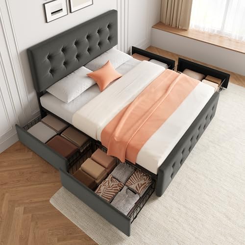 IDEALHOUSE Full Bed Frame with 4 Storage Drawers and Headboard, Light Grey